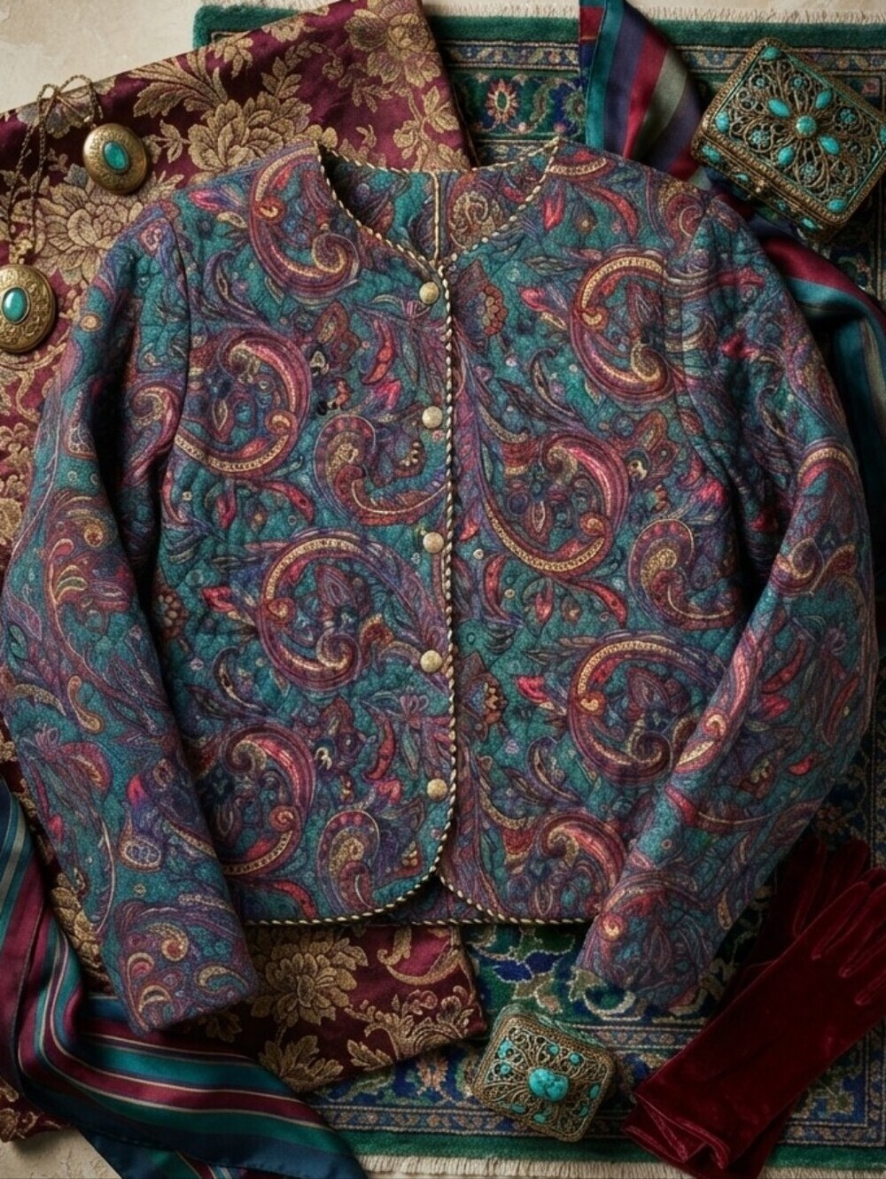 Vintage Worthington Pink Purple Blue Paisley Print Quilted Jacket